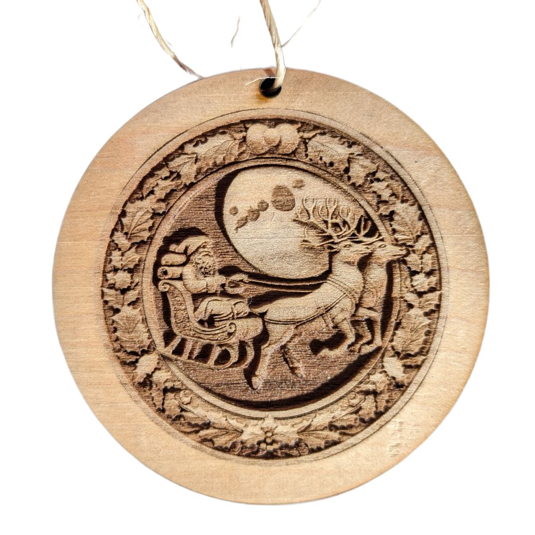 Santa sleigh by moon ornament engraved 3d