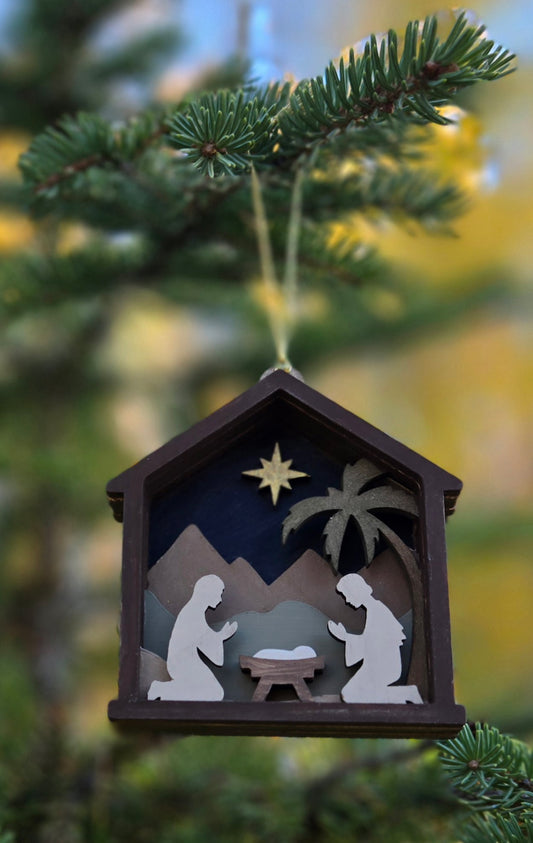 Painted multi-layer Christmas tree ornament - manger scene